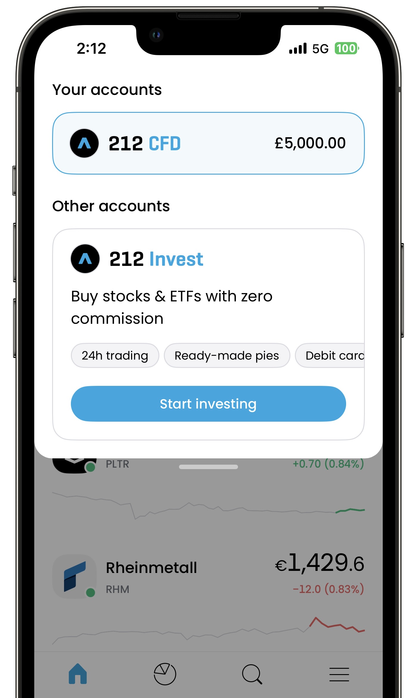 Smartphone screen displaying a finance app with account balances and options for trading stocks and ETFs.